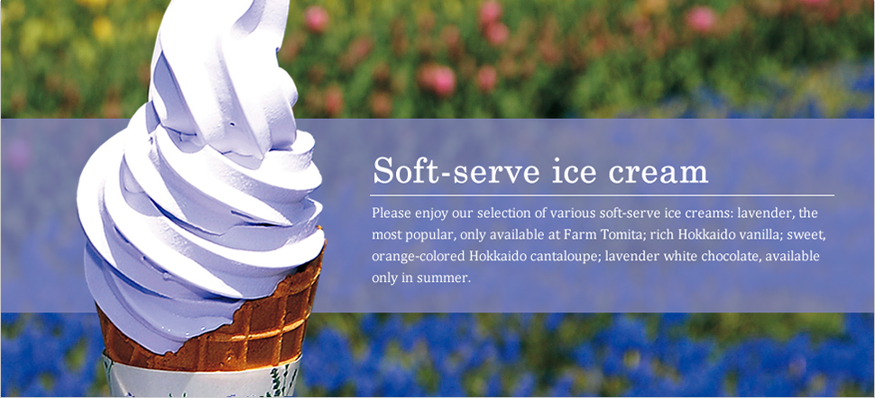 Please enjoy our selection of various soft-serve ice creams: lavender, the most popular, only available at Tomita Farm; rich Hokkaido vanilla; sweet, orange-colored Hokkaido cantaloupe; lavender white chocolate, available only in summer.