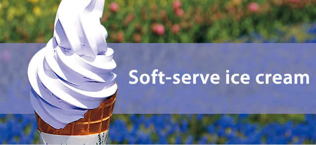 Please enjoy our selection of various soft-serve ice creams: lavender, the most popular, only available at Tomita Farm; rich Hokkaido vanilla; sweet, orange-colored Hokkaido cantaloupe; lavender white chocolate, available only in summer.