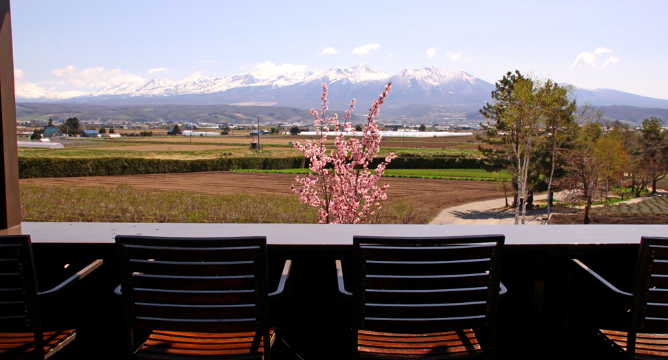 十勝岳連峰と桜、季節限定の景色です(ポプリの舎)